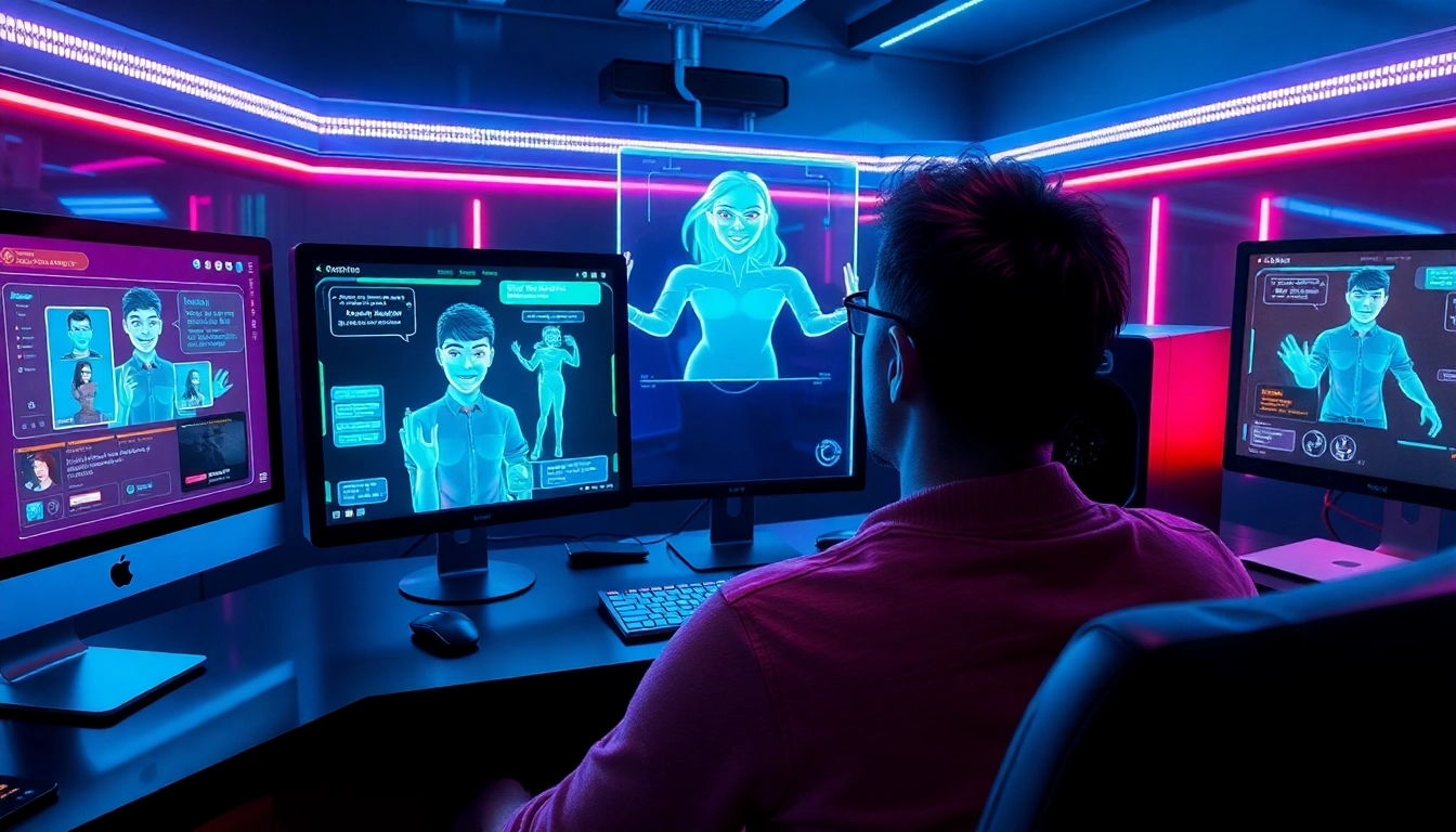 Futuristic scene of a person engaging with holographic AI chat interfaces in a neon-lit cyberpunk room.