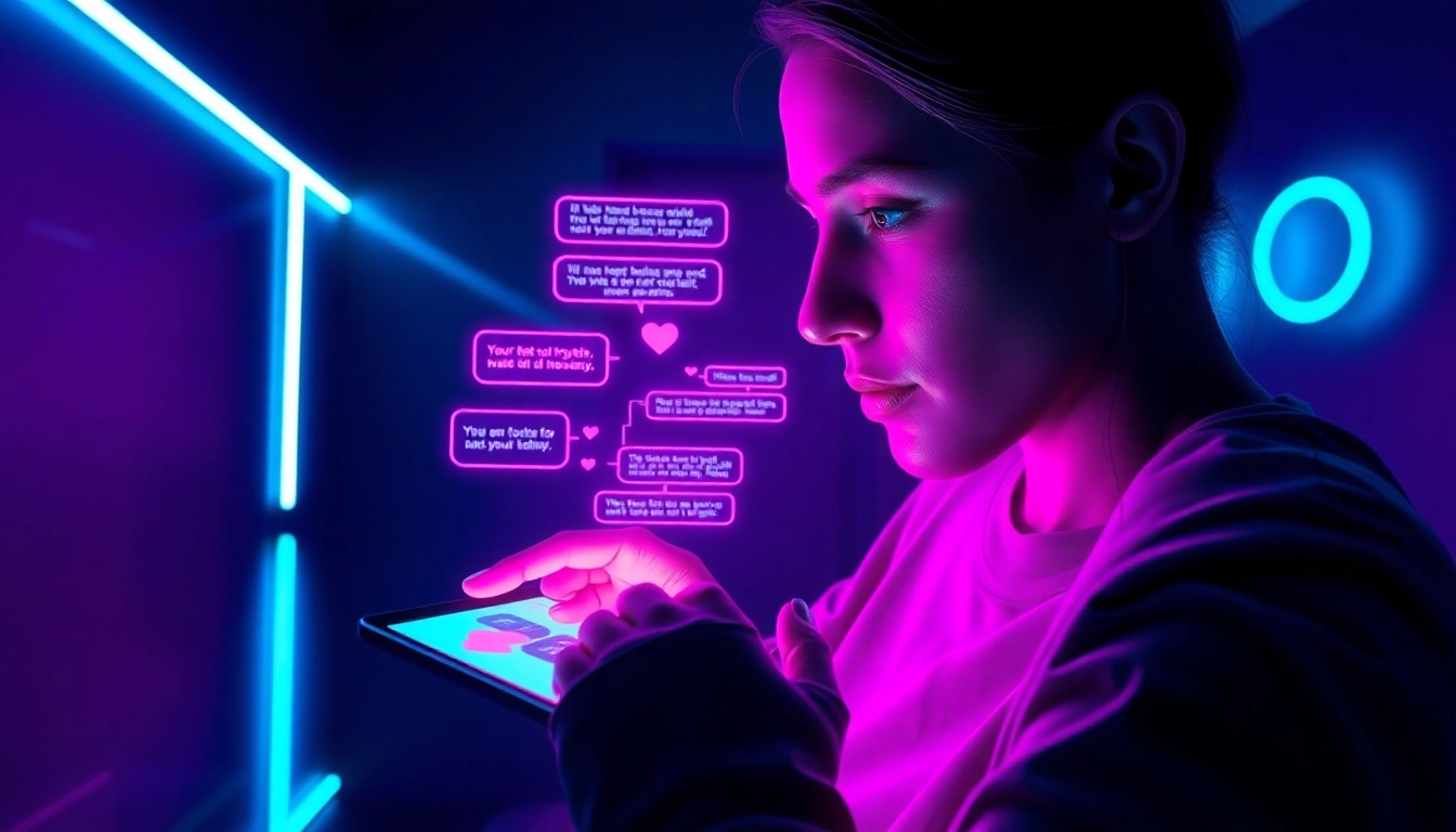 Futuristic AI chat interface on a digital screen with neon colors and holographic text bubbles in a dark, modern setting.