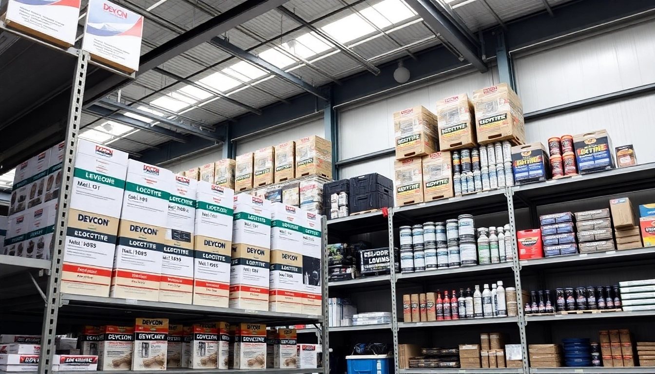 https://pitertrade.ru/ warehouse with industrial adhesives, lubricants, and maritime spares on shelves, symbolizing trusted supply and quality.