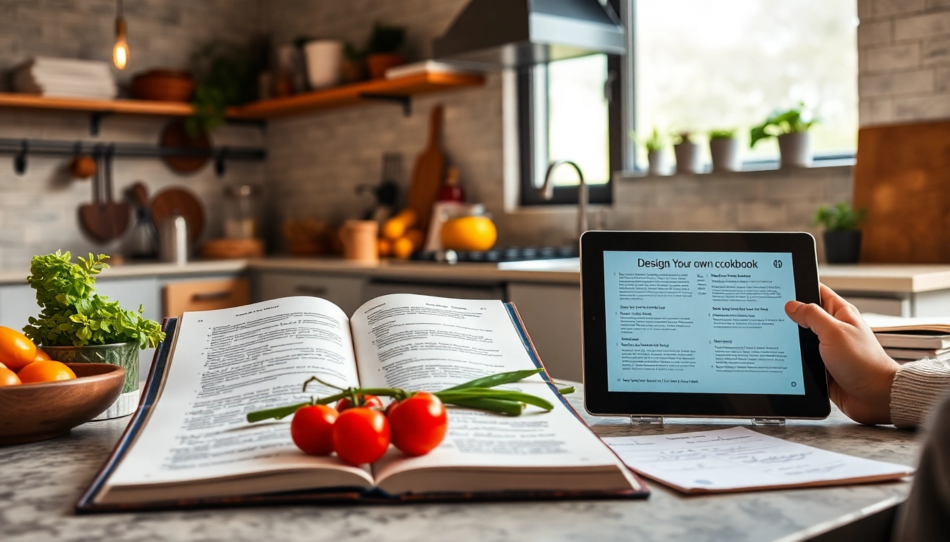 Visual of someone building my own cookbook with recipes and photos in a cozy kitchen setting, highlighting customization and creativity.