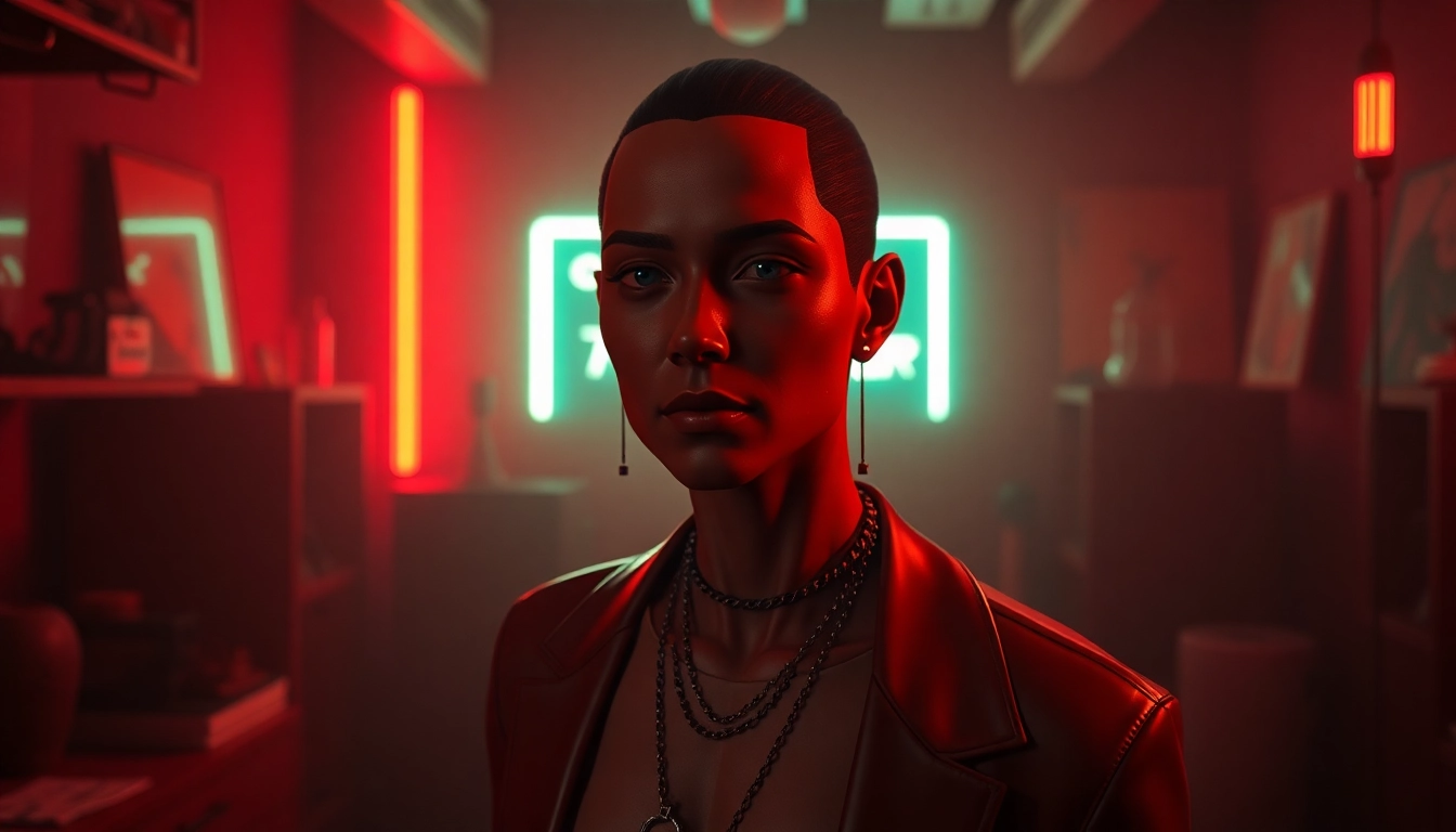 Render a hyperreal NSFW AI Generator scene with a cinematic AI companion in a neon-lit studio.