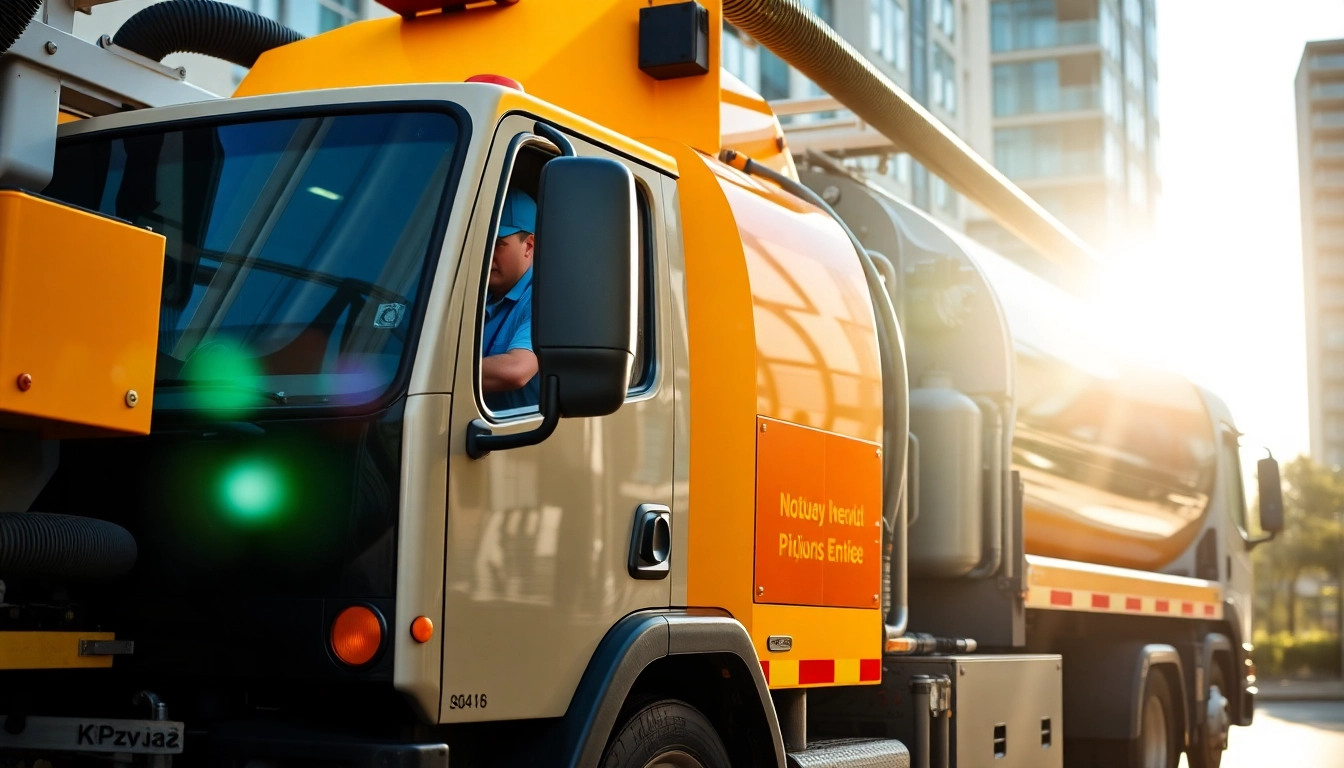 Professional team operating vacuum truck for effective waste removal services in urban areas