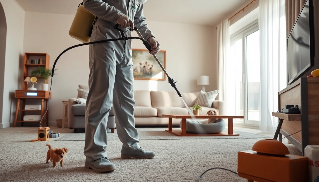 Pest control technician treating a living room with pest control equipment, emphasizing safety and professionalism.
