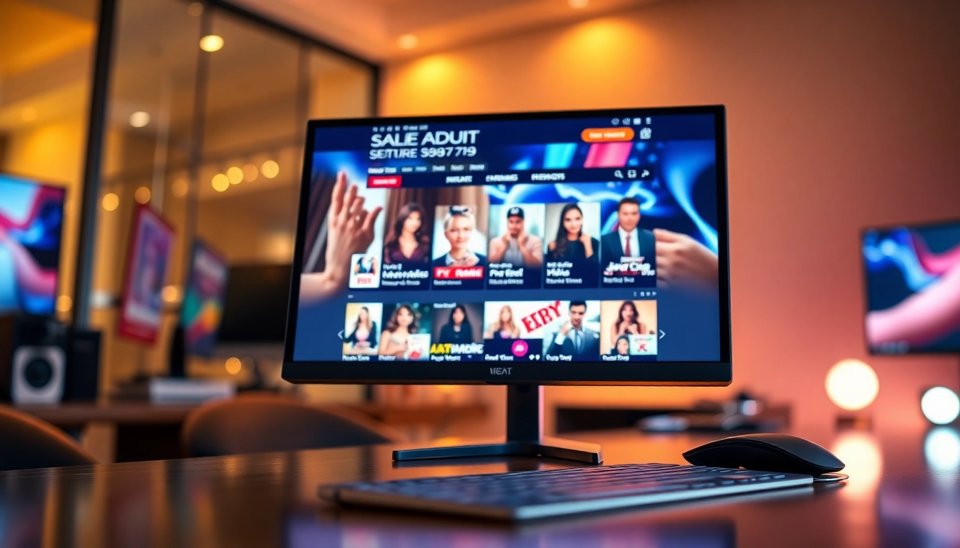 Close-up of a computer monitor displaying an adult website homepage with video thumbnails and categories.