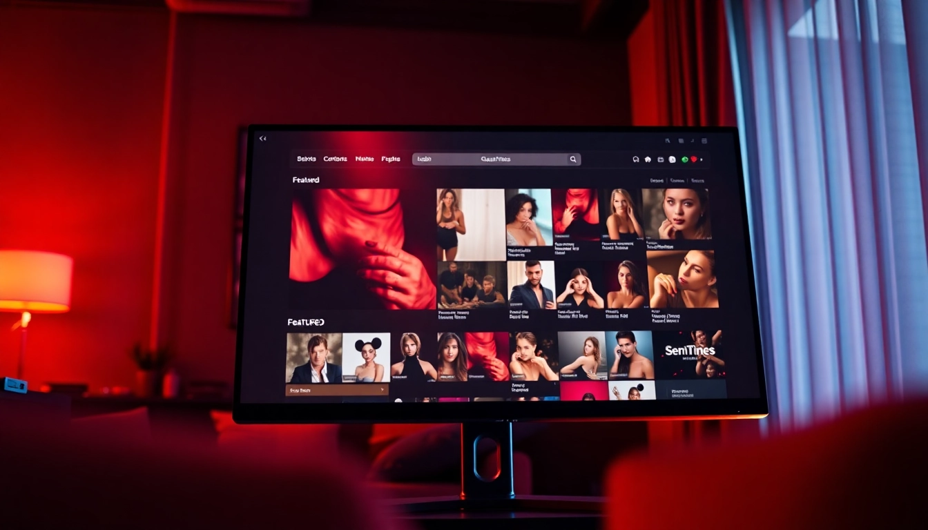 A computer screen displaying an adult entertainment website with video thumbnails and vibrant colors.