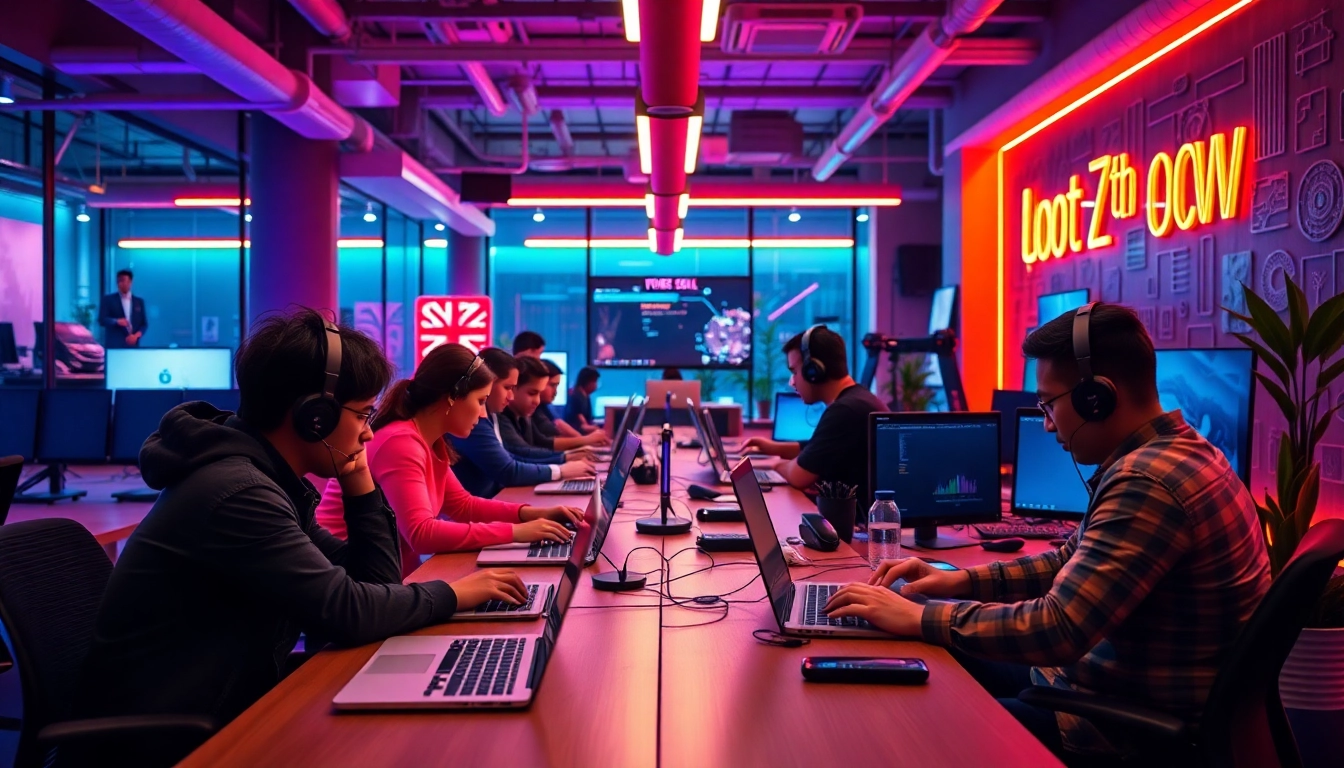 Node.js developer coding in a vibrant tech workspace, showcasing expertise in server-side