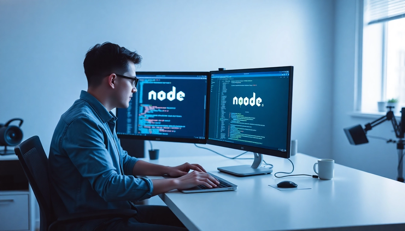 Freelance software developer coding with Node.js on a modern workspace for efficient project