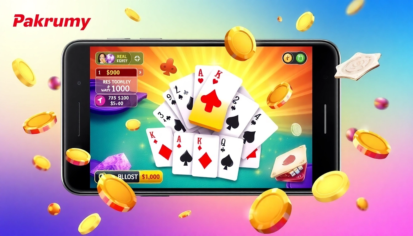Pakrumy game interface on a smartphone displaying card games for real money winnings and player